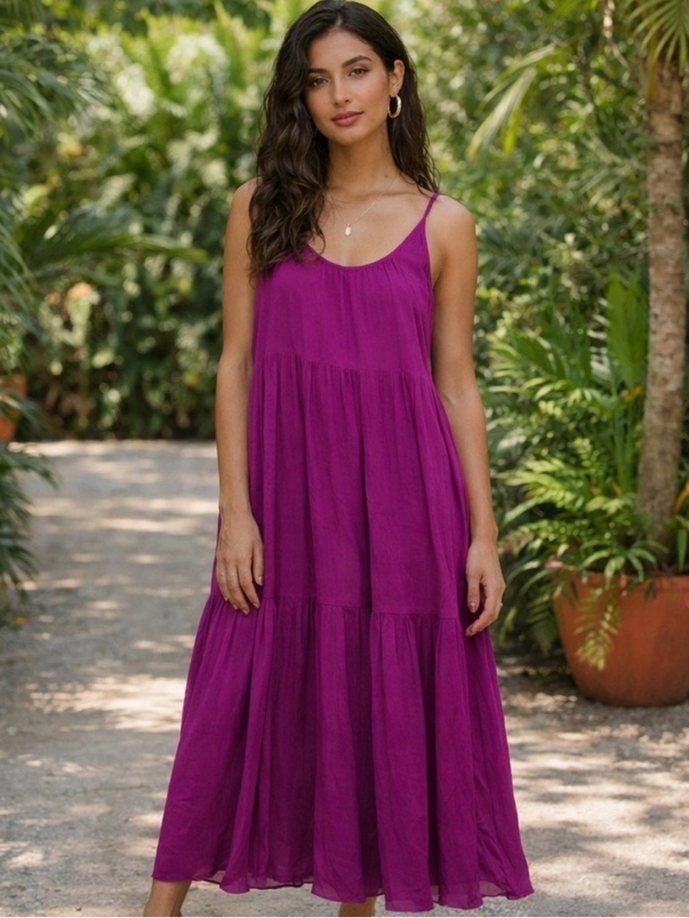 LOFT Magenta Tiered Midi Dress - Large